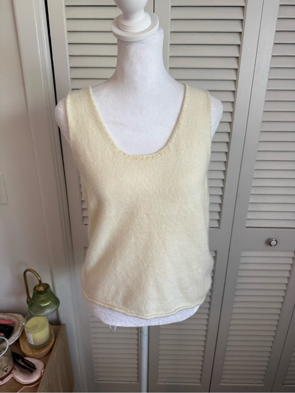 Vintage DKNY Cream Knit Scoop Neck Tank Top with sequin detail